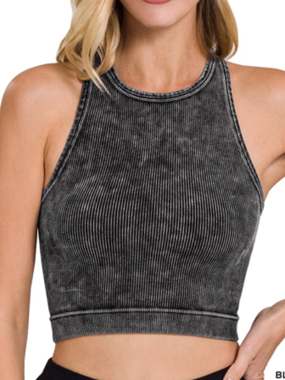 Washed Ribbed Seamless Cropped Tank Top in Black